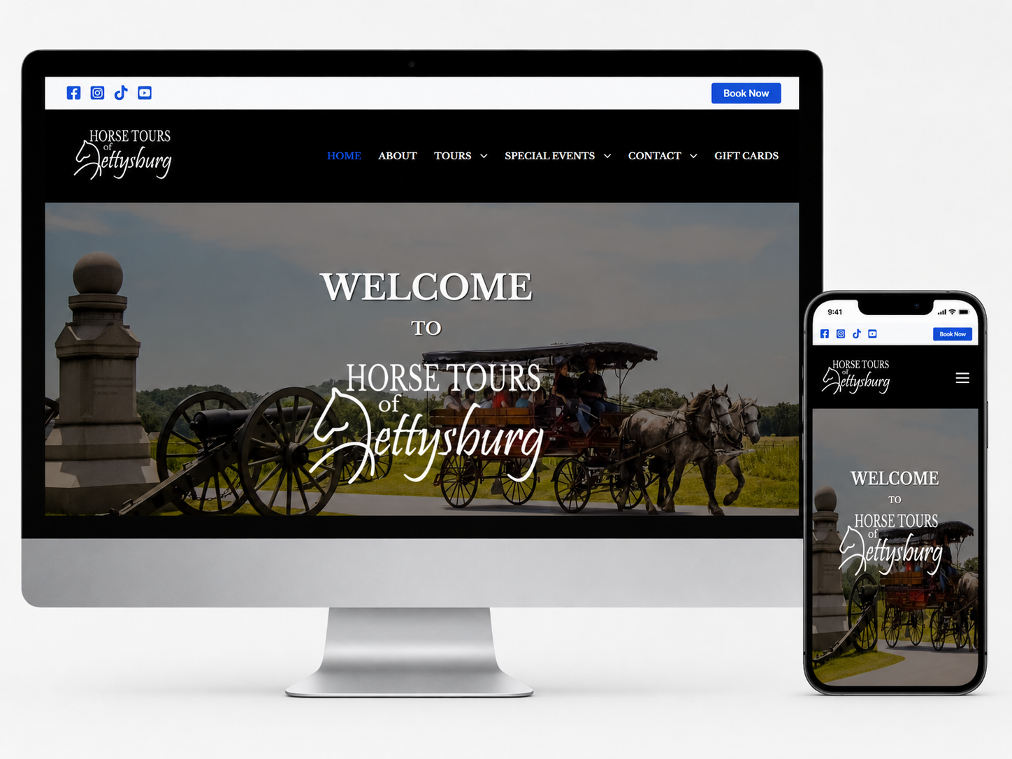 Horse Tours of Gettysburg homepage mockup on desktop and mobile devices.