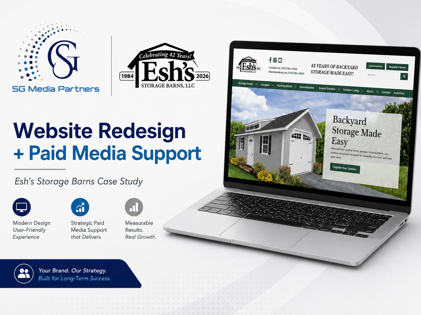 Esh’s Storage Barns website redesign and paid media support case study graphic.