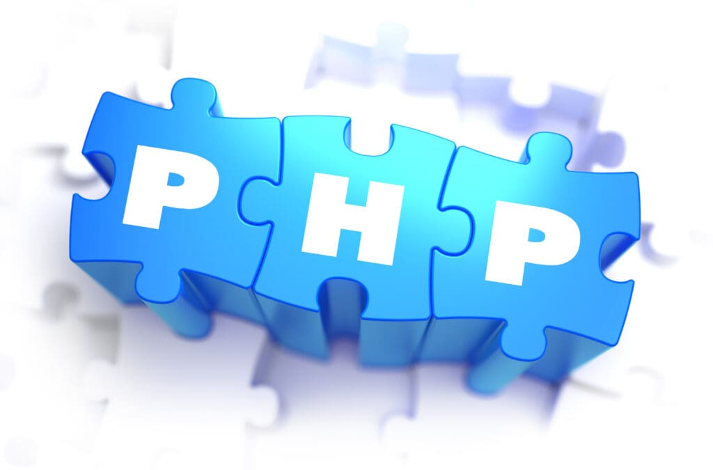 PHP - Hypertext Preprocessor - Text on Blue Puzzles on White Background. 3D Render.