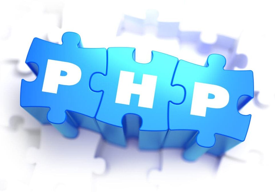 PHP - Hypertext Preprocessor - Text on Blue Puzzles on White Background. 3D Render.