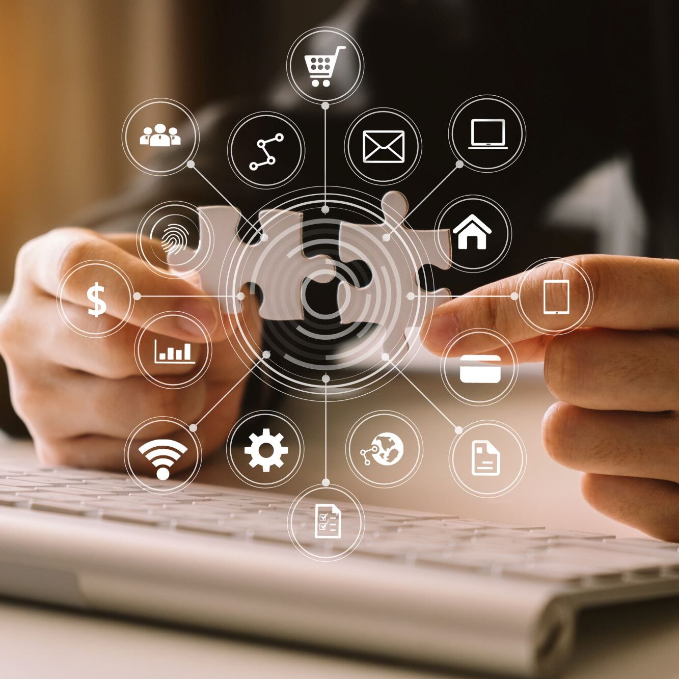 Image of a man holding a white puzzle piece in each hand with a chart of advertising icons overlaying it